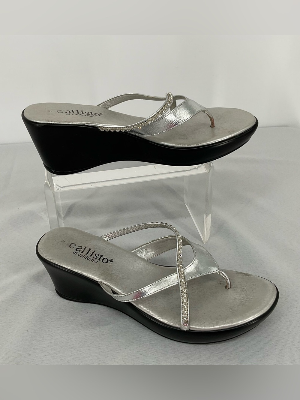 Callisto Silver and Black Rhinestone Wedge Thong Sandals size 9